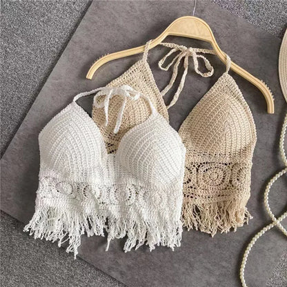 2024 Sexy Knit Backless Short Crop Top for Women Lightweight Hollow Out Crochet Tassels Hem Halter Bras Bustier with Chest Pads