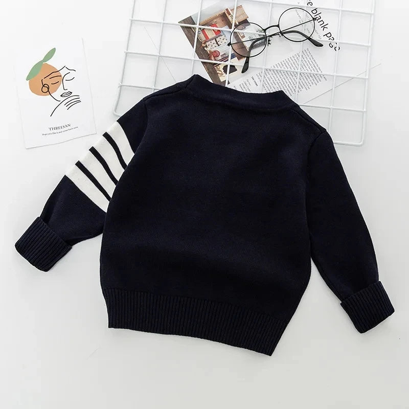 Children's Korean sweater boys Spring Autumn striped pure cotton cardigan coat girls long sleeved V-neck knitted sweater1-7Y