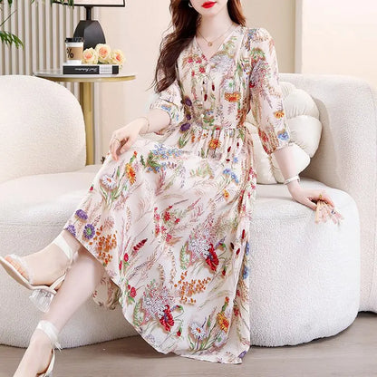 Summer New V-neck Half Sleeve Fashion Midi Dress Women High Street Floral Printing Dresses Elegant Button Lacing Y2K Vestidos