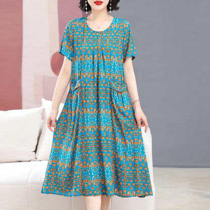 Summer Dresses O-neck Print Long Dress Short Sleeve Women Long Dresses Bohemian cotton style Loose Dresses Women Clothing