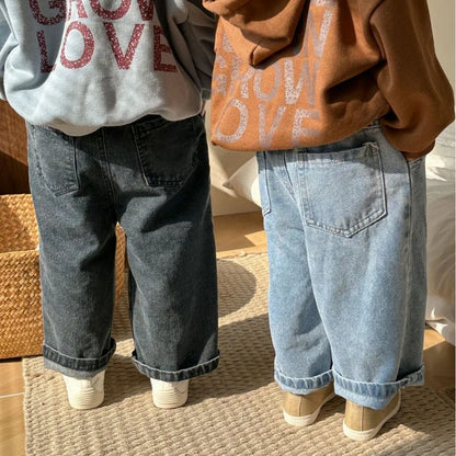 2024 Autumn boys and girls solid color denim wide leg pants unisex children casual all-match jeans