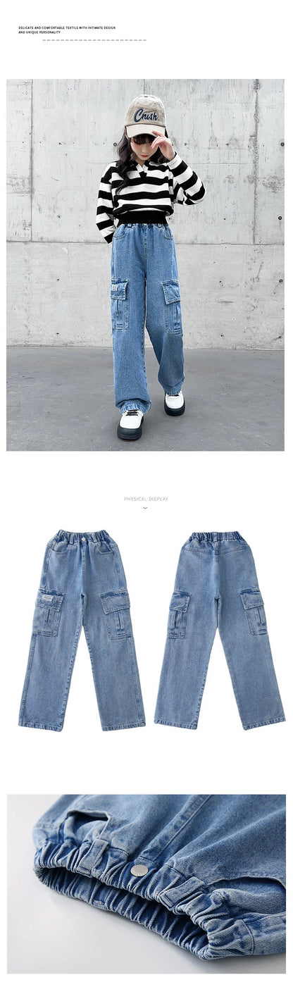 Teenager Girls Wide Leg Cargo Jeans School Young Children Trousers Spring Autumn New Fashion Kids Denim Pants 6 8 10 12 14 Years