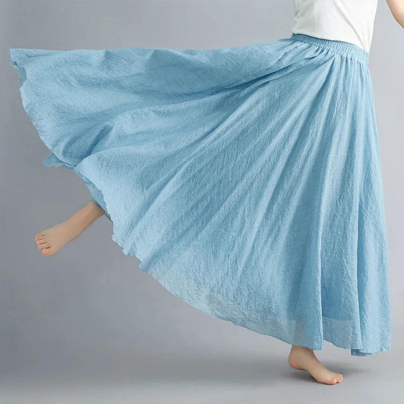 High Quality Cotton Linen Maxi Skirt Womens Casual Elastic High Waist Pleated A-Line Beach Skirts Boho Saia Feminina Faldas Jupe