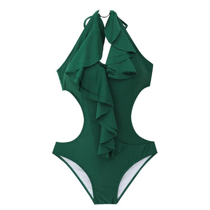 2024 Women One Piece Swimsuit Korean Green Ruffle Beach Wear Trikini Bathing Suit Female Backless Monokini Padded Swimming Pool