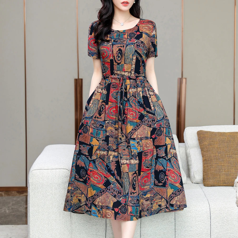 Summer women short sleeve dresses print vintage o-neck Beach Dress Sundress Vestidos dress