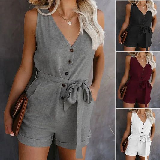 Women's Casual V-neck Monochromatic Jumpsuit, Five-Point Shorts, European and American, Summer, New, 2024