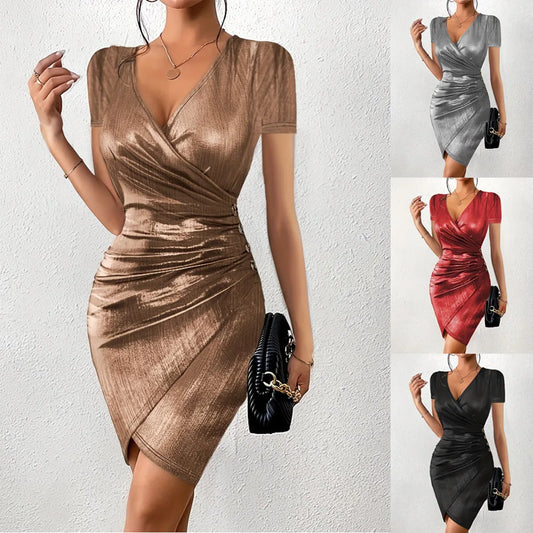 European and American fashion spring sexy buttocks wrapped fashion V-neck slit solid color dress for women