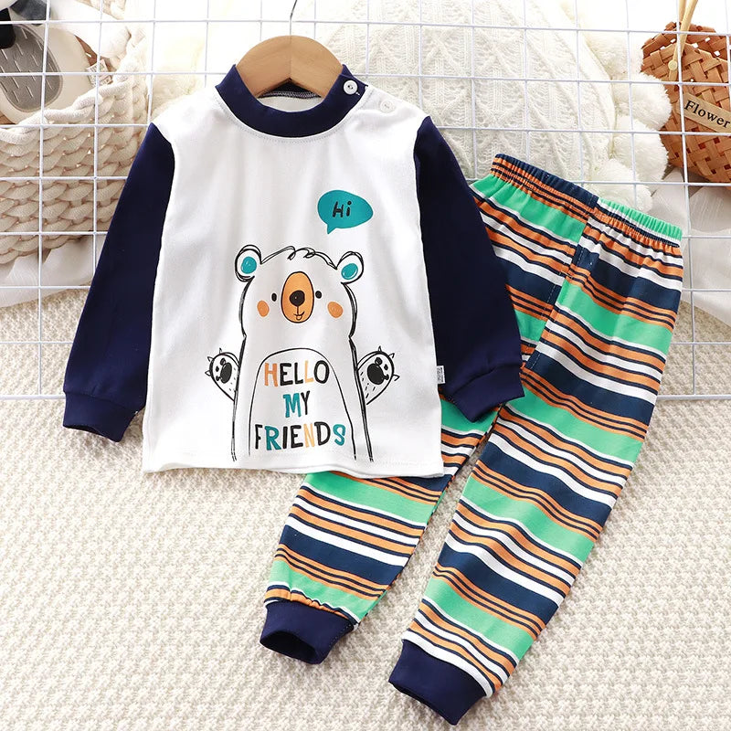 2024 New Kids Boys Girls Pajama Sets Cartoon Print Long Sleeve Cute T-Shirt Tops with Pants Toddler Baby Sleeping Clothing Sets