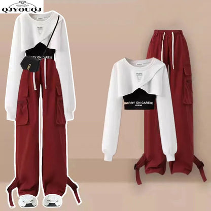 Spring/Summer Set Women's Korean Loose Design Casual Top+suspender+work Wide Leg Pants Three Piece Set Trendy