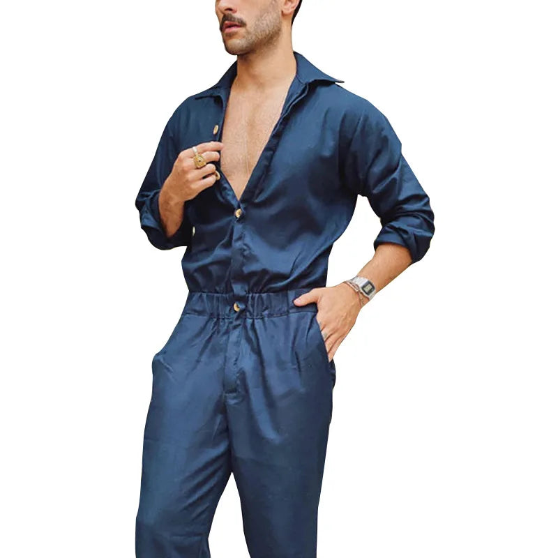 Personalized European and American Men's Long-sleeved Single-breasted Fashionable Jumpsuit with Lapel Solid Color Waist Jumpsuit