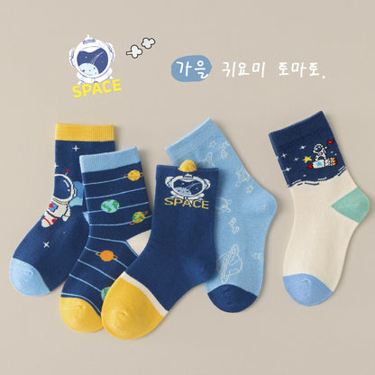 Autumn Socks Boys' Cartoon Astronaut Pattern Cotton Socks Children's Medium Socks Baby Autumn Socks