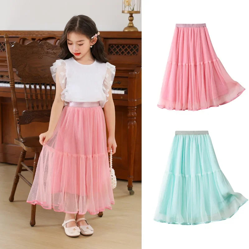 Girls Skirt Summer Mesh Fashion All-match Princess Skirt for Kids Casual Elastic Waist Teen School Children Long Skirt 4-12 Year