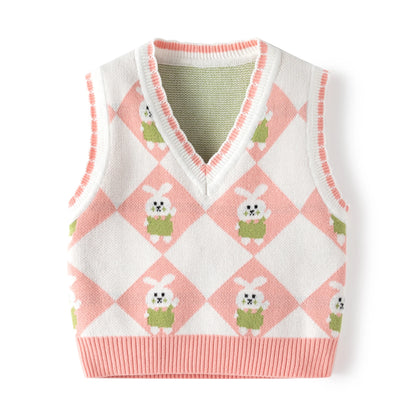 Toddler Kid's Bunny Pattern Cable Knit Vest, Color Clash V-neck Sleeveless Sweater, Baby Girl's Clothing