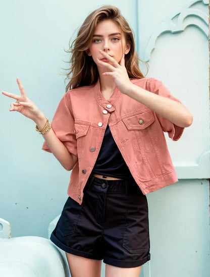 Pink Streetwear Summer Denim Coat Woman Casual O-Neck Short Sleeve Single-Breasted Thin Jeans Jacket Outwear