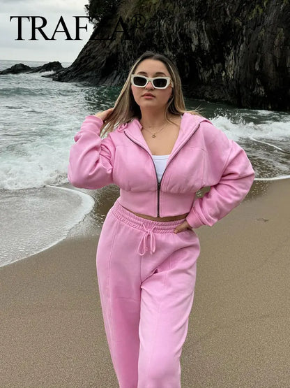 TRAFZA Women Elegant Pink Hooded Sweatshirt Zipper Hoodie Female Loose Elastic Waist Wide Leg Pant Sets 2024 Spring Sport Suit