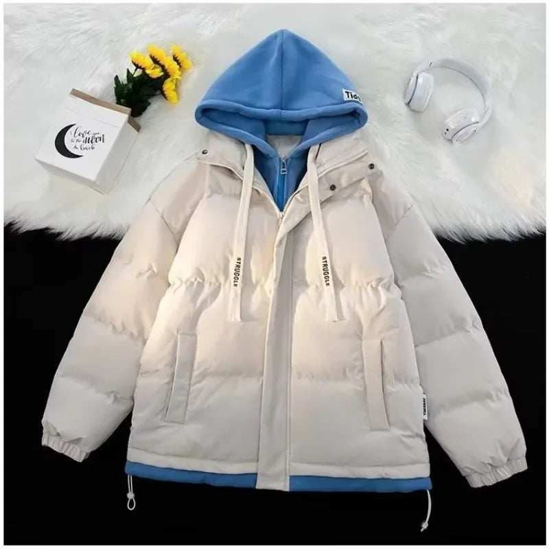 Winter New Style Padded Jacket Thickened Hooded Two-piece Illusion Puffer Jacket For Men Women Loose-fit Couple Student