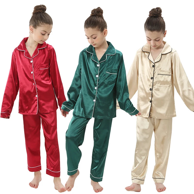 Baby Toddler Silk Pyjamas Children Spring Clothing Sets 2pcs Long Sleeve Shirts+Pants Boys Girls Satin Pajamas Kids Sleepwear