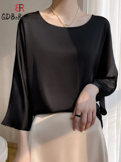 2024 New in Elegant Blouses for Women Spring Summer Oversized T-shirt Casual Loose Satin Slik Shirt Office Ladies Women's Tops