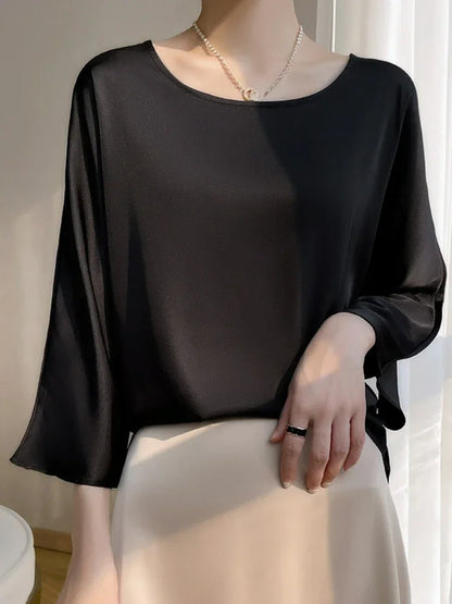 2024 New in Elegant Blouses for Women Spring Summer Oversized T-shirt Casual Loose Satin Slik Shirt Office Ladies Women's Tops