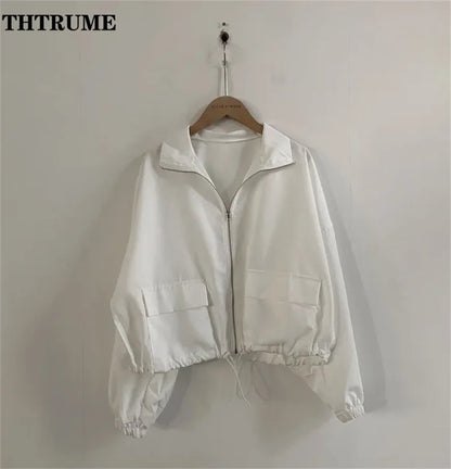 Autumn Winter Chic Jacket Fashion Women Protection Windproof Vintage High Street Coats Casual Baseball Drawstring Outwear Coat