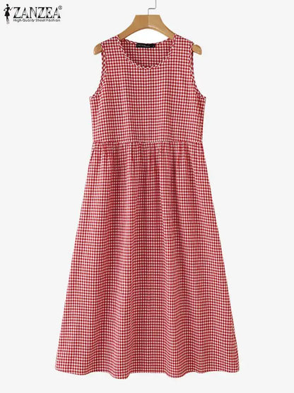 ZANZEA Summer Plaid Checked Sundress Bohemain Holiday Dresses Women Elegant O Neck Sleeveless Dress Casual Baggy Work Vestidos