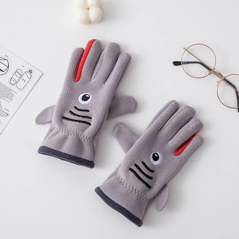 Kids Boy Gloves Winter 5-12 Years Coral Fleece Cartoon Shark Gloves Outdoor Keep Warm Thicken  Cycling Children Girl Gloves