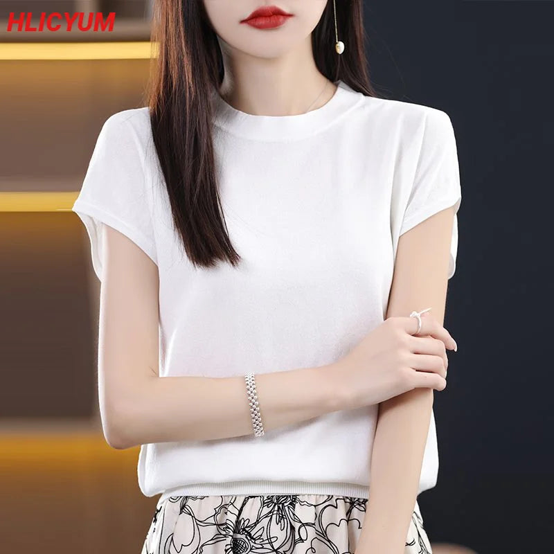 Women's T-shirt Summer New Solid Color Sweater Short Sleeve Casual Knit Round Neck Ladies Tops Blouse Overside Tees