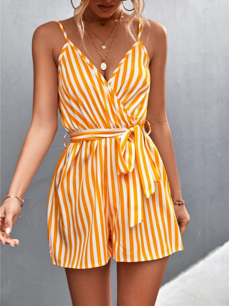 Fashion Summer New Women's Jumpsuit V Neck Short Bodysuit Backless Sexy Stripe Bandage Sleeveless Woman Clothing