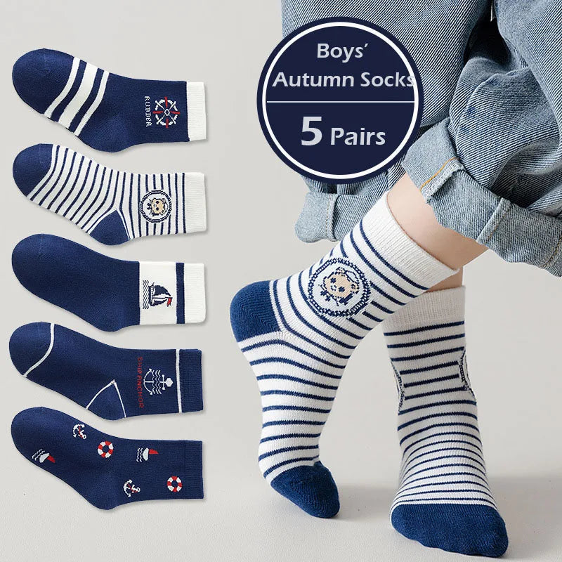 1-14T Kids' Socks Spring Autumn Cotton Socks 5 Pairs/lot Soft Cotton Socks Calf Socks Little Big Boys Crew Sock