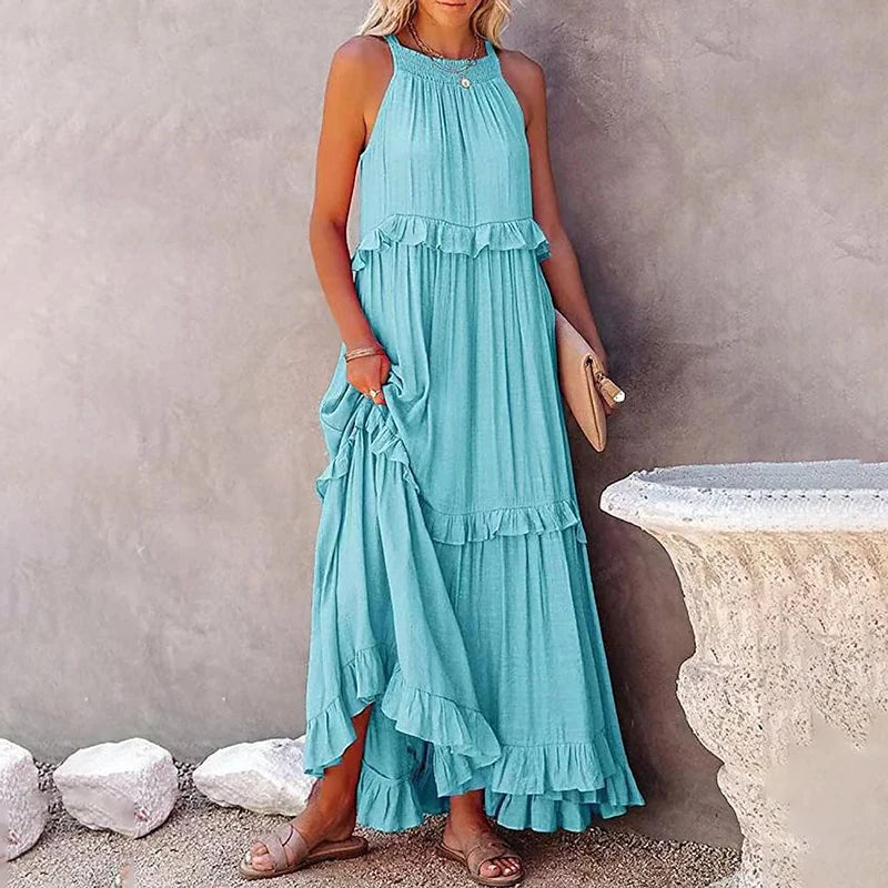 Women Casual Solid Ruffles Long Dress Summer Elegant Sleeveless Sundress Elegant Harajuku Maxi Dress Beach Party Evening Vestido