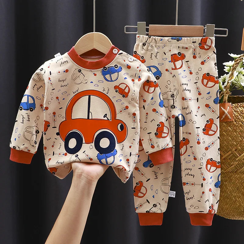 2024 Ins Autumn Children Boys 2PCS Pajamas Set Pure Cotton Warm Full Printed Stretch Kids Girls Sleepwears Toddler Girl Homewear