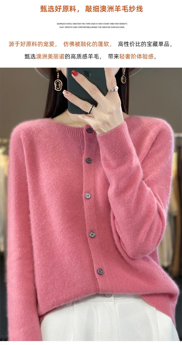 2024Spring and Autumn  New 100% pure merino cashmere sweater women's O-neck cardigan loose long-sleeved sweater top