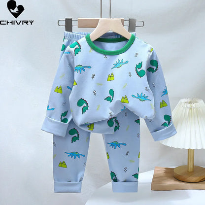 New 2023 Kids Boys Girls Pajamas Sets Cartoon Long Sleeve Lycra T-Shirt Tops with Pants Baby Spring Autumn Sleepwear Clothes