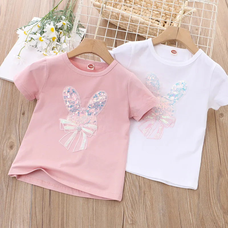 Baby Girls Sequin Short Sleeved T-Shirt 2024 Summer Kids Top Tees O Neck Shirts 2 To 8Yrs Children's Clothes Korean Style