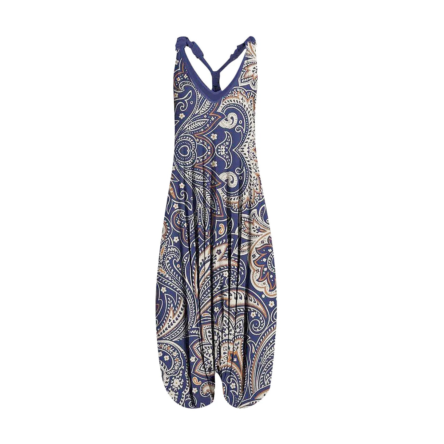 Fashionable Loose Racerback Pleated Jumpsuit With Spaghetti Straps Vintage Paisley Style Printed Overall Jumpsuit For Feamle