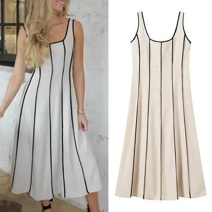 Striped Midi Dresses Woman Sleeveless Slip Long Dress Women Backless French Vintage Dress Fashion Summer Dresses