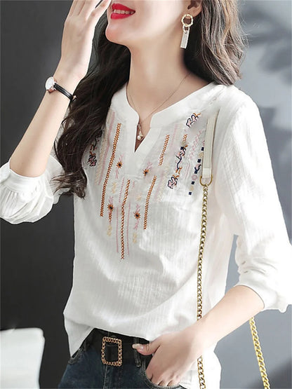 Women Spring Autumn White Blouses Tops Lady Casual Embroidery V-Neck Long Sleeve Vintage Loose Blusas Top DF4272