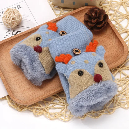 4-12 Years Children Gloves Winter Girls Knitted Half Finger Flip Gloves Plush Thick Warm Cartoon Boy Christmas Deer Kids Mittens