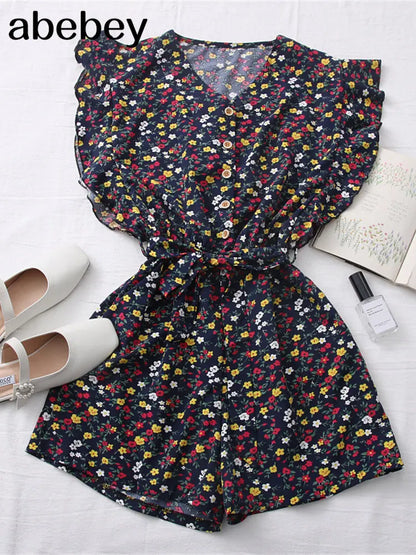 2023 New Summer Fashion All-match floral print Jumpsuit V-neck Ruffle sleeve Jumpsuit waist strap Jumpsuit wide leg Pants