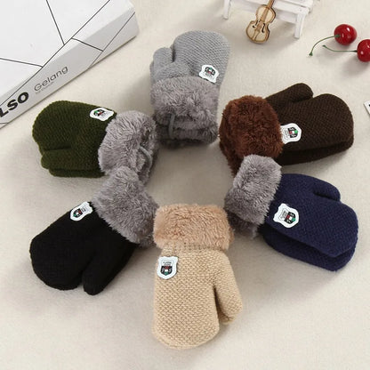 Children Knitted Gloves Winter Thick Warm Cashmere Kids Kindergarten Solid Color Full Finger Gloves Mitten For 1-3 Years