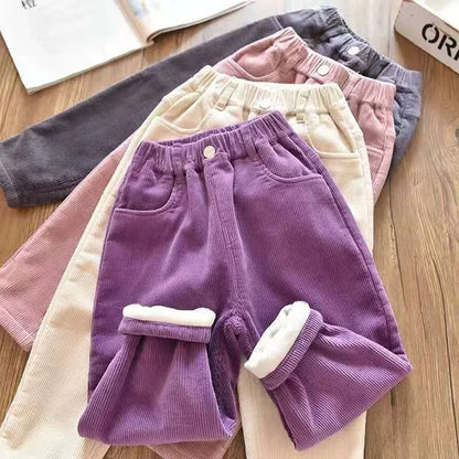 Velvet Lined Corduroy Kids Harem Pants Winter Elastic High Waist Warm Boys/Girls Pantalones Baggy Thicken Plush Children Spodnie