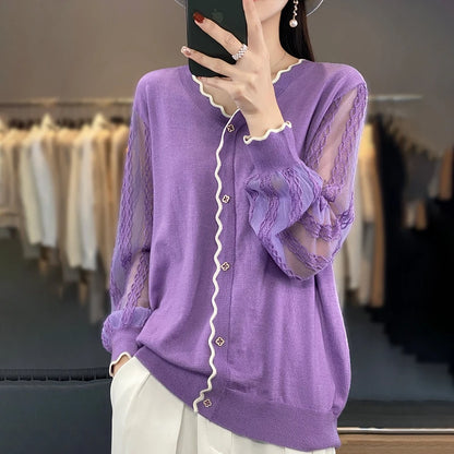 Spring Summer Women 100% Soft Wool Organdy Sweater V-neck Lantern Sleeve Lace Hollow Out Pullover Casual Knit Bottoming Tops