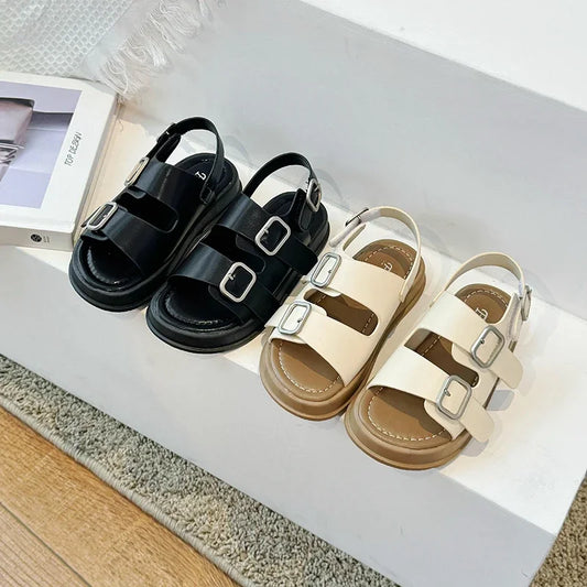 Children Casual Slippers with Buckle Kids Summer Beach Shoes Open-toe Classic Solid Color Boys Girls Retro Sandals 2024 New