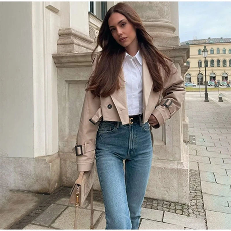 Belt Cropped Trench Jacket Women Autumn Fashion Vintage Streetwear Double Breasted Long Sleeve Top Female Chic Lady Coat Outfits