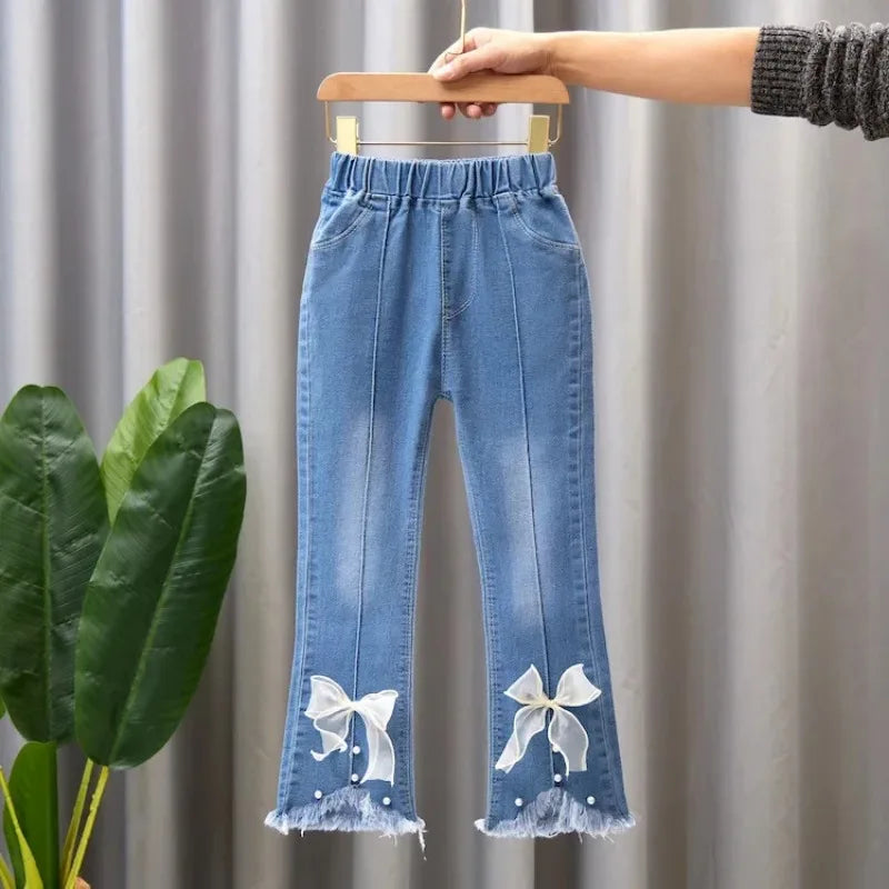 Kids Jeans Pants for 2024 New Spring Clothes for Flared Pants Baby Girl Casual Trousers for 3-10 Yrs Girls Cowboy Pants Trousers