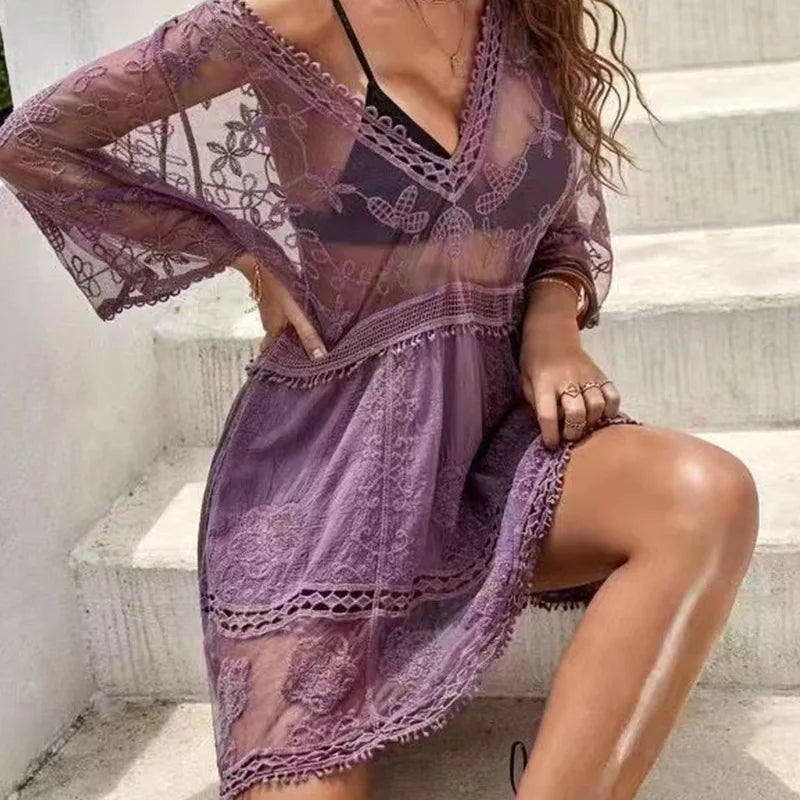 Swimsuits Woman 2024 Sexy Beach Cover Up V-neck Women Beach Tunic Dress Sarong Bikini Cover Up Crochet Top For Women Beachwear