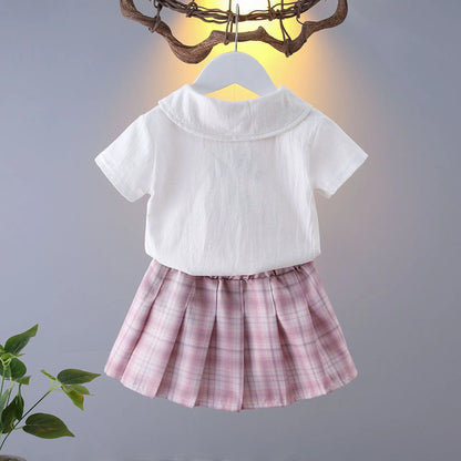 Girls College Style Jk Uniform Pleated Skirt + Short Sleeves Shirts Summer Children Big Kids School Students Sweat Clothes 0-12Y