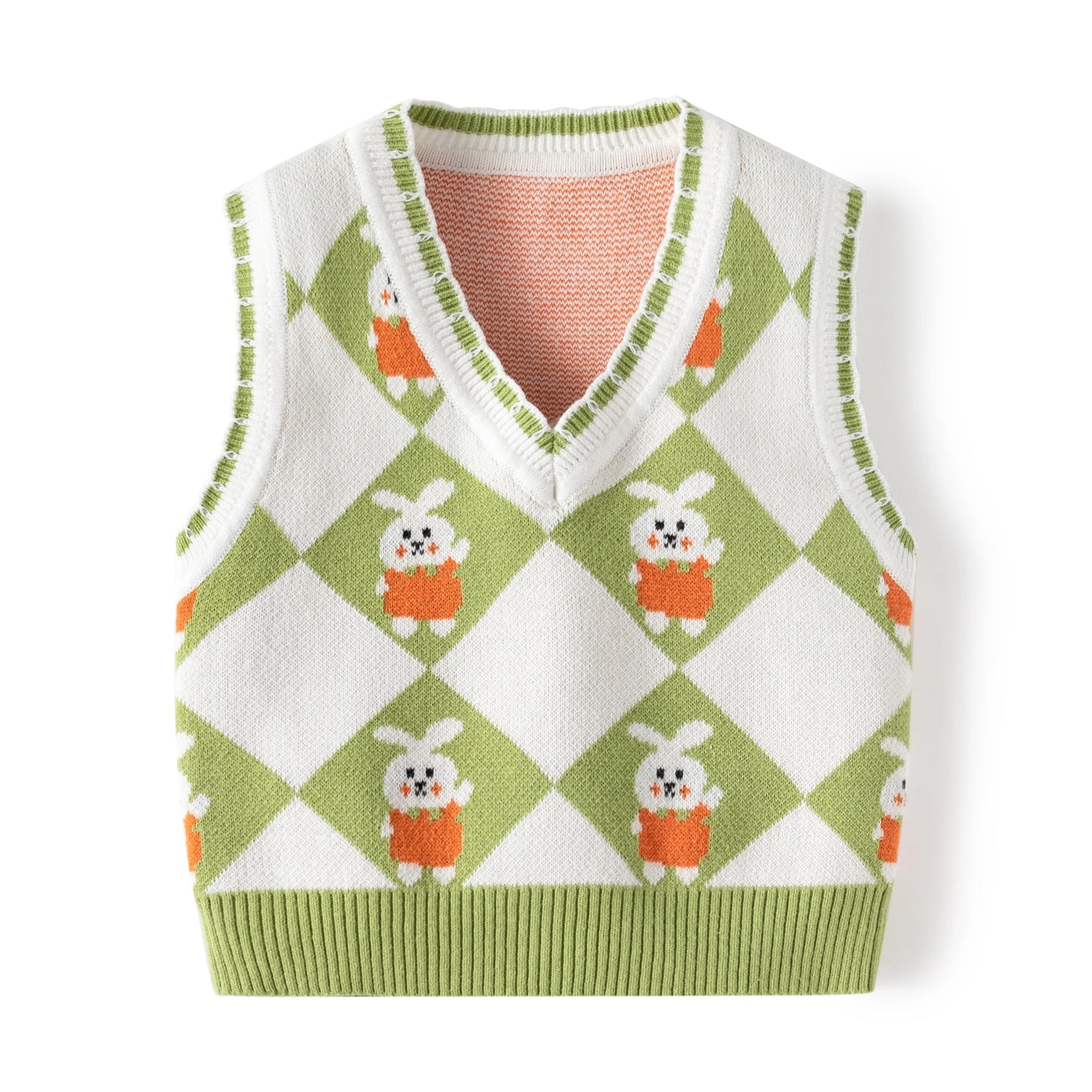 Toddler Kid's Bunny Pattern Cable Knit Vest, Color Clash V-neck Sleeveless Sweater, Baby Girl's Clothing