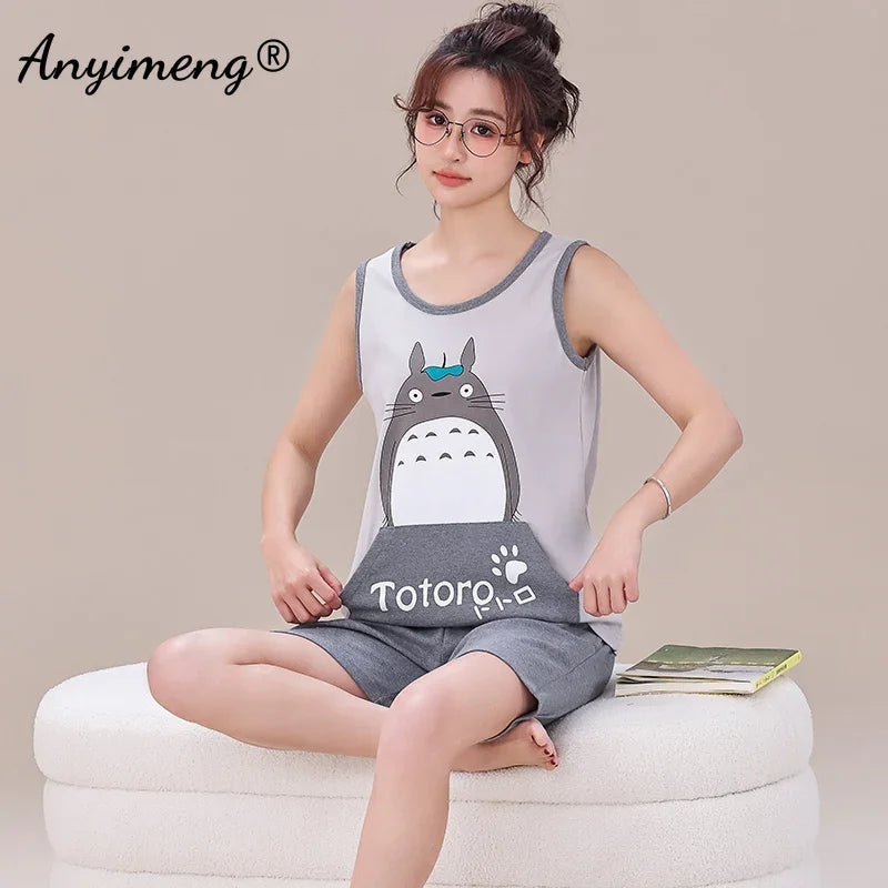 New Summer Woman's Cotton Pajamas Set Shorts Sleeveless Cartoon Sleepwear Ladies Pijamas Women M-3XL Fashion Leisure Homewear