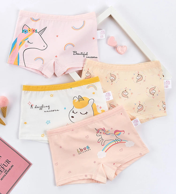 4PCS Girls Cute Unicorn Print Panties Kid Cotton Soft Antibacterial Knickers 2+y Young Children Underwear Thin Breathable Briefs